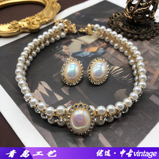 西洋复古马贝珍珠项链耳钉耳夹套装赫本风配饰旗袍礼服颈链女