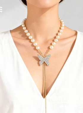 vintage复古珍珠蝴蝶项链法式宫