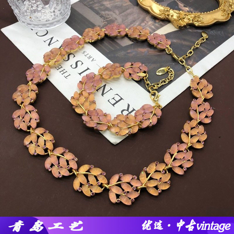 西洋重工项链复古宫廷巴洛克风莱茵石粉紫色树叶设计手链颈链套装
