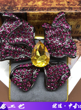奢华满钻蝴蝶胸针个性黑金系黄色水滴点缀高档胸花气质中古首饰