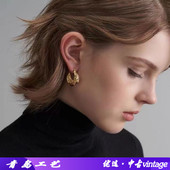 法式 感 气质款 celi风格 复古手工捶打纹黄铜电镀真金耳环时尚