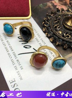 法式复古风做旧金绿松棕色石头镶