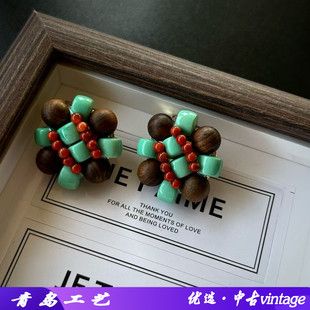 意大利老奶奶风复古手工编织耳夹中古风松石南红小米珠耳钉