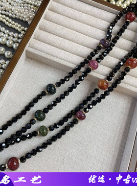 新中式超长款黑色水晶串珠项链美