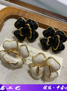 中古vintage轻奢复古香风黑色滴油山茶花高质经典百搭项链耳饰