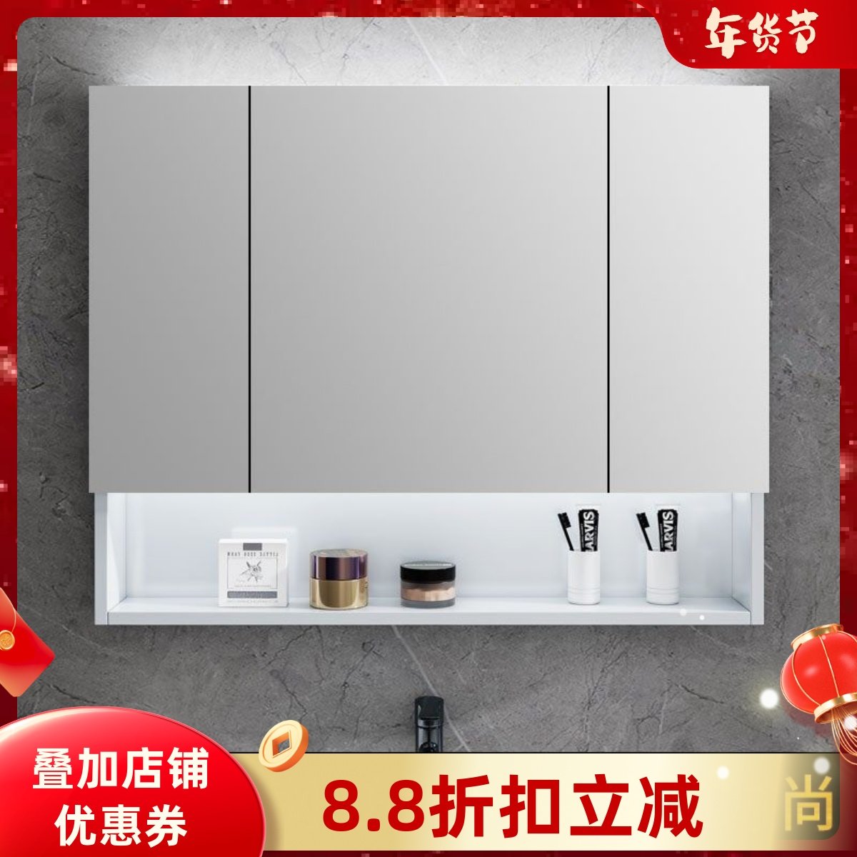 白色不锈钢浴室镜柜卫生间l带灯厕所挂墙式带置物架单独 镜箱定制