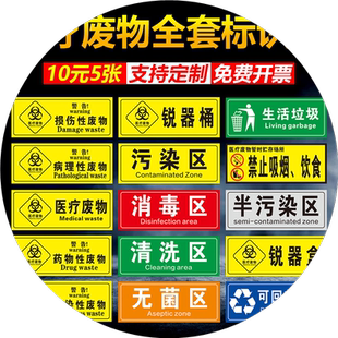 医疗废物标签标识贴警告消毒清洗无菌污染区医疗垃圾废弃物暂存储场所禁止吸烟饮食丢弃生活垃圾警示标志牌