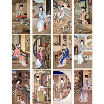 雍正十二美人图工笔传统仕女人物画白描底稿12张国画线描打印画稿