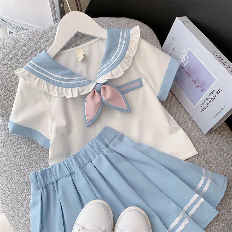 专柜正品女童短袖衬衫裙子套装学院夏季JK装新款女孩百褶裙两件套