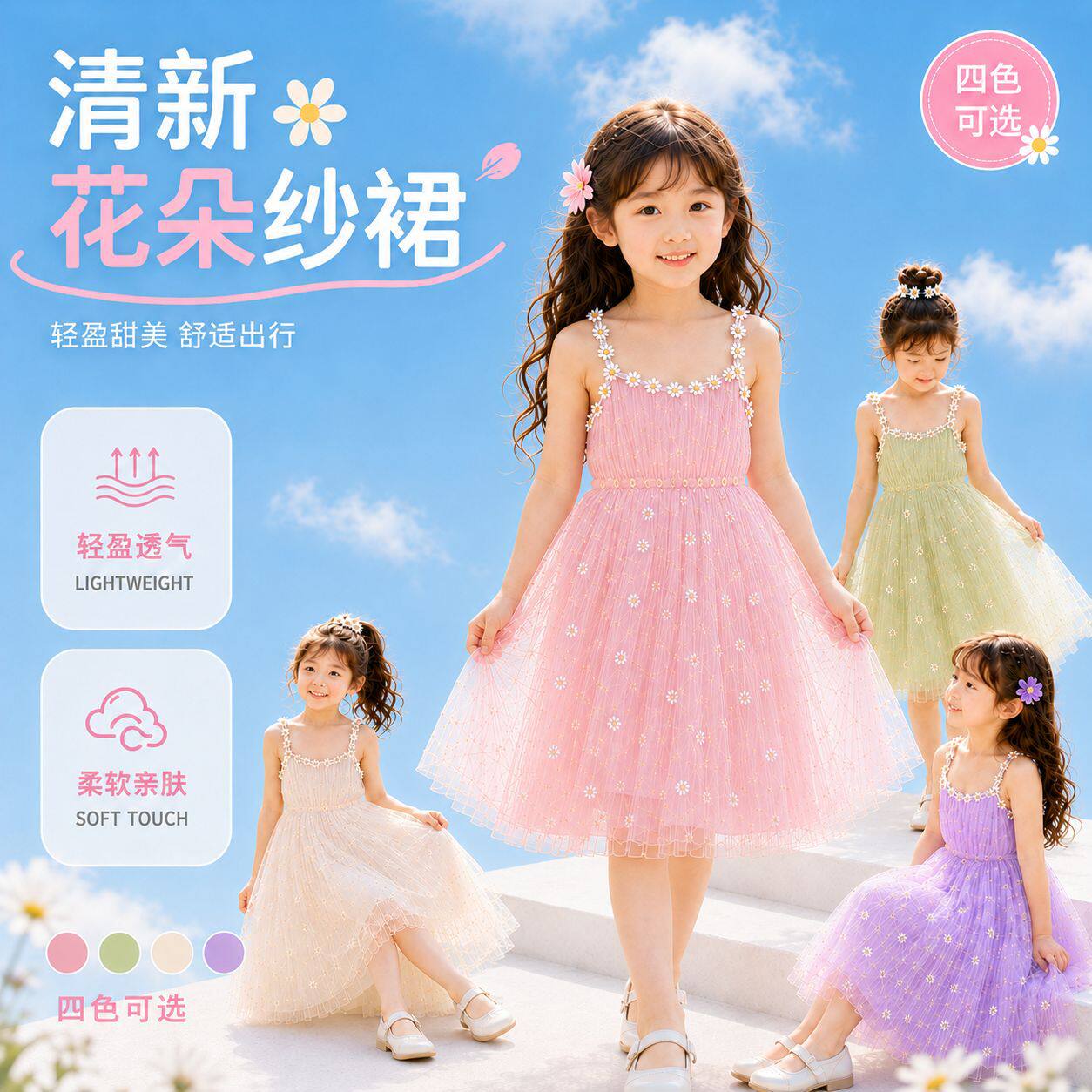 品牌专柜小雏菊网纱女童连衣裙