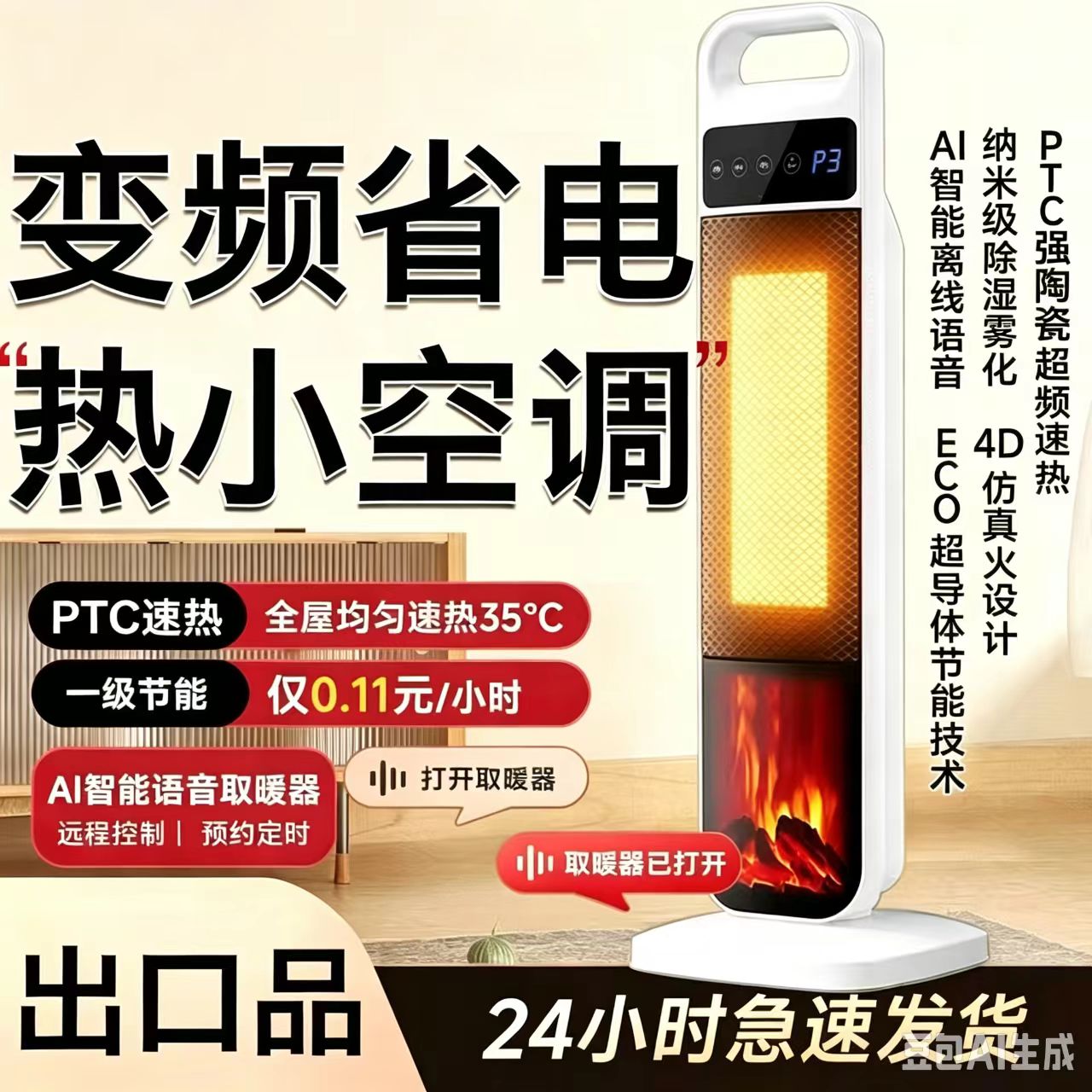 取暖器语音暖风机家用带火焰大面积全屋节能省电立式壁炉电热暖气