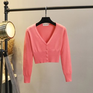 新款春秋针织衫开 衫女小披肩长袖修身简约外搭高腰超短款毛衣外