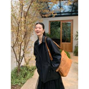 pusumede黑色pu皮衣外套女可拆卸内胆夹棉宽松气质设计感小众风衣