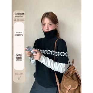 WHYSTUDIO 费尔岛覆古提花短袖毛衣针织衫女秋冬半高领羊毛短上衣