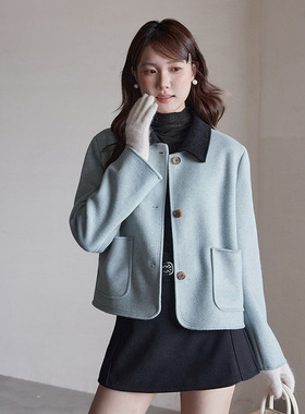 【歌铭】复古撞色拼接翻领小香风短款外套女装冬季毛呢上衣N703C