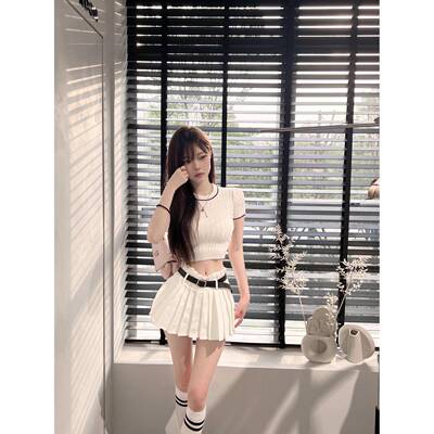 Lovedeath【纯白玫瑰】韩系圆领短袖针织上衣女+高腰百褶裙裤短裙