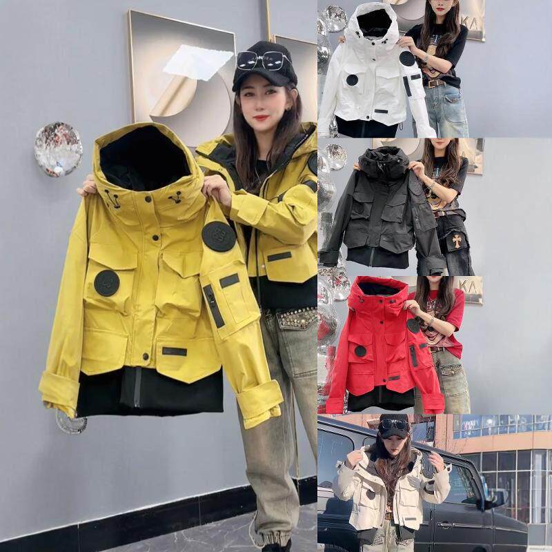 超火冲锋衣加棉外套女2025春秋新款休闲 宽松短款连帽工装二棉夹