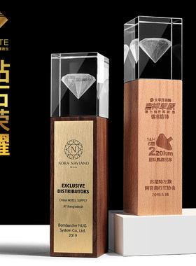 个性创意钻石水晶奖杯定制定做实木底座3D内雕公司年会荣耀纪念品