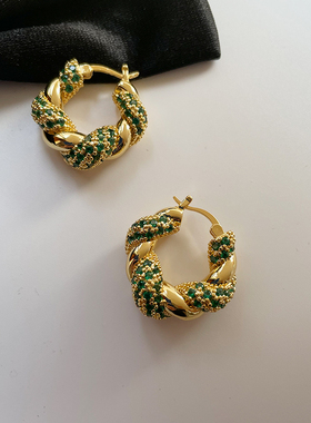 欧美ins镀金绿色高级感轻奢麻花耳环复古金色耳钉独特耳扣耳饰女