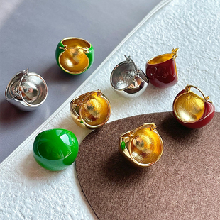 savi同款法式气质高级感圆球耳环简约百搭珐琅滴釉冷淡风镀金耳饰