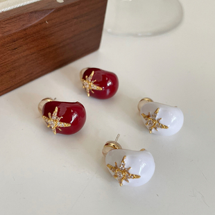 复古八芒星耳饰女黄铜镀金滴釉耳环红色白色可选气质显白耳扣 法式
