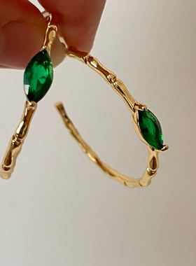 #10.29号10:00#竹节造型绿色宝石耳环夸张C形大耳圈耳钉925银针女