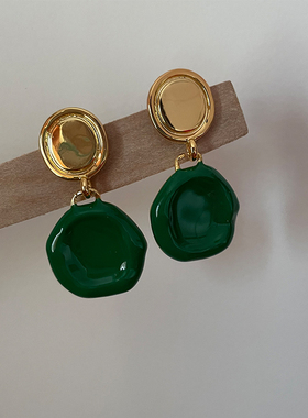 欧美高级感BV同款绿色珐琅釉圆牌耳钉ins潮冷淡风镀金耳环耳饰女