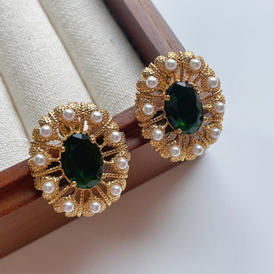 中古风vintage祖母绿宝石耳钉复古气质椭圆轻奢高级感法式耳环饰