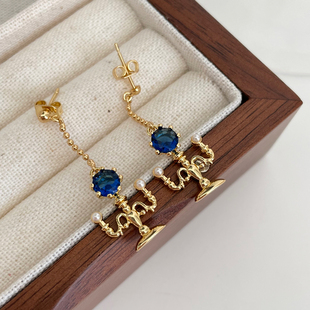复古宫廷风黄铜镀金烛台耳钉女镶蓝色宝石长款耳坠小众精致耳饰