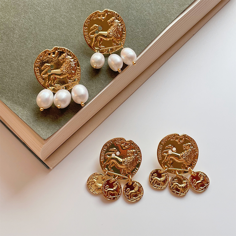 欧美小众复古狮子金币流苏耳环巴洛克淡水珍珠耳钉vintage耳饰女