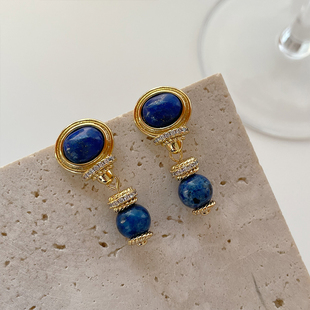 中古风vintage复古蓝色耳环青金石镀真金耳钉宫廷轻奢高级感耳饰