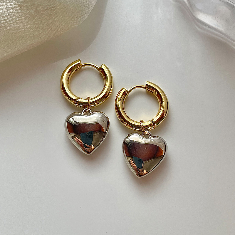 金银拼色立体爱心吊坠耳环