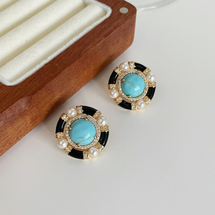 复古宫廷风绿松石珍珠耳钉圆形耳饰轻奢气质耳环高级感小众耳饰女