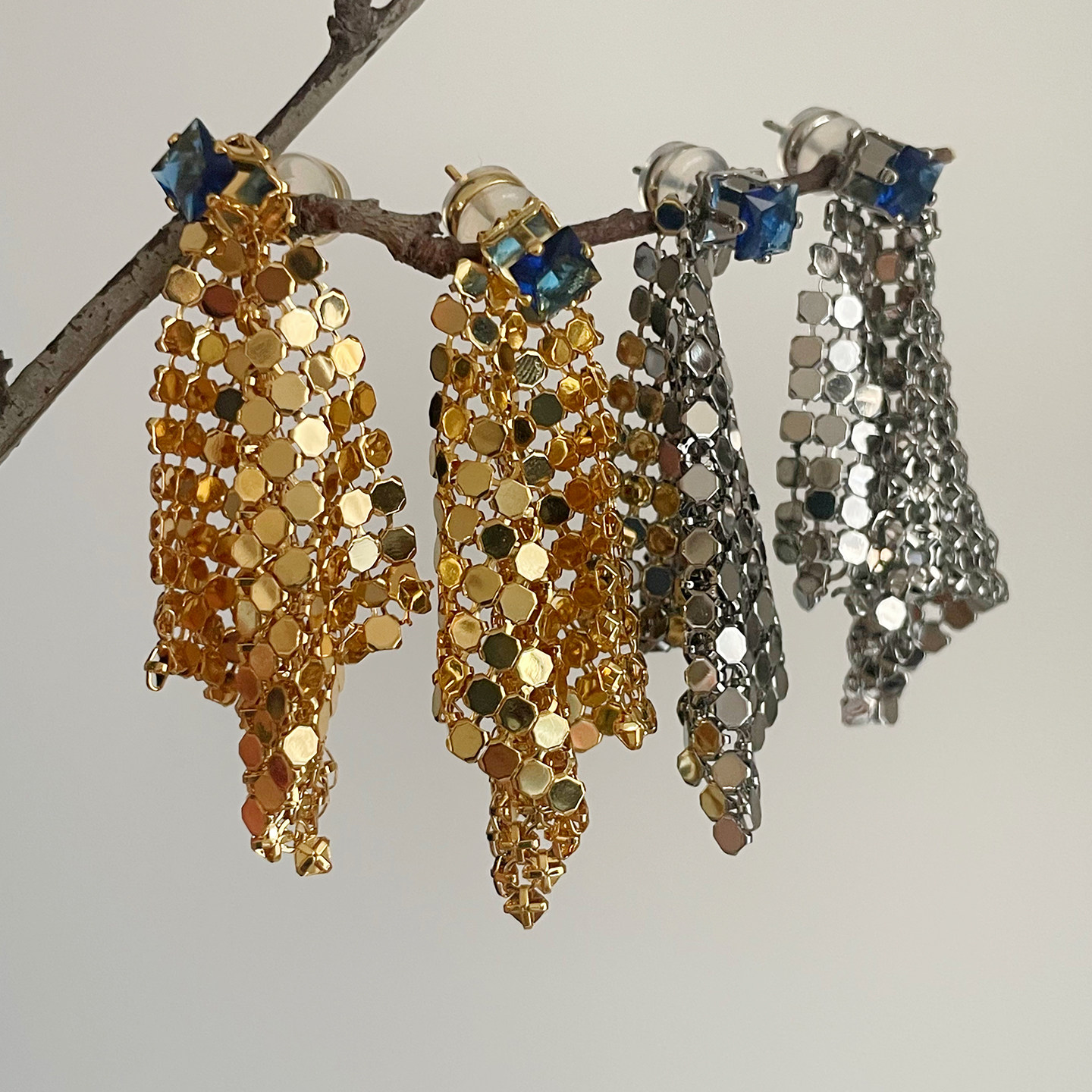 法式复古流苏亮片耳坠黄铜镀金轻奢长款耳环小众时尚宴会长款耳饰