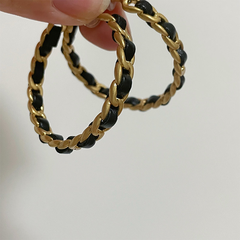 欧美风皮革麻花金属大耳环圆圈高级感耳圈夸张复古耳饰925银针女