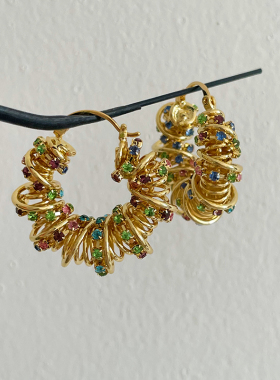 欧美复古风镂空编织麻花耳环彩色锆石缠绕造型圆形耳扣小众耳饰女