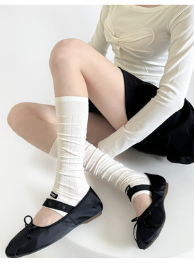 白色芭蕾风袜宽条踩脚袜套女夏防晒堆堆袜子显瘦中筒腿套薄款