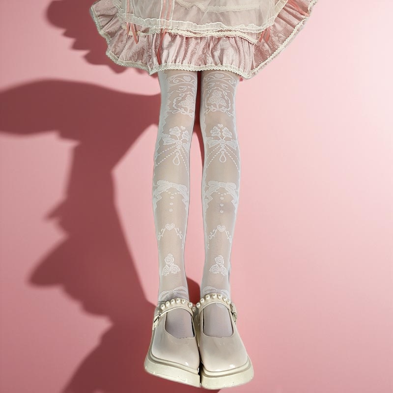 日系玫瑰印花洛丽塔丝袜过膝长筒袜白色大腿袜可爱少女连裤袜