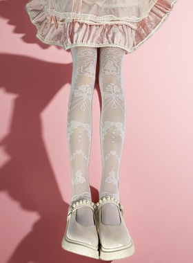 日系玫瑰印花洛丽塔丝袜过膝长筒袜白色大腿袜可爱少女连裤袜