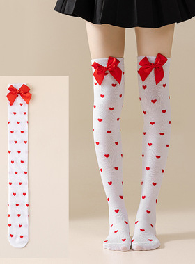2026新款爱心蝴蝶结长筒袜女白色过膝袜情人节派对圣诞袜美腿袜