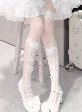 日系洛丽塔交叉蝴蝶结玻璃丝绑带过膝长筒袜白色大腿袜可爱女袜