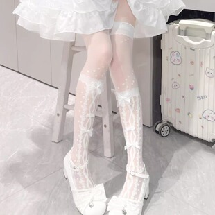 日系洛丽塔交叉蝴蝶结玻璃丝绑带过膝长筒袜白色大腿袜可爱女袜