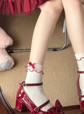 梦幻人偶lolita日系甜美红色袜子木耳边蝴蝶结中筒袜可爱纯棉短袜