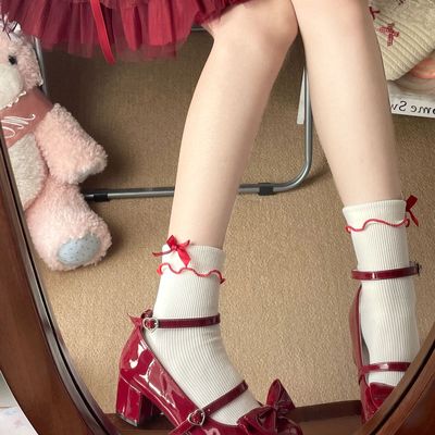 日系甜美蕾丝花边蝴蝶结中筒袜