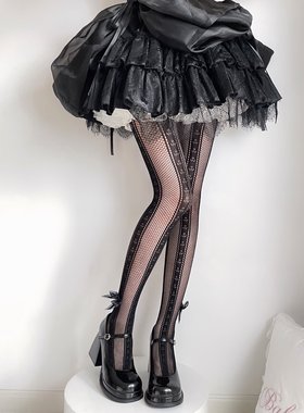 夏季薄款网眼袜黑色蕾丝竖条蝴蝶结Jk洛丽塔长筒甜美可爱镂空渔网