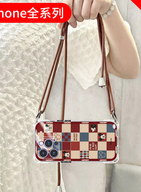 迪士尼适用苹果14pro手机壳2024新款iphone13promax斜挎可背15pormax背带斜跨plus十三11pm四角防摔高级十四