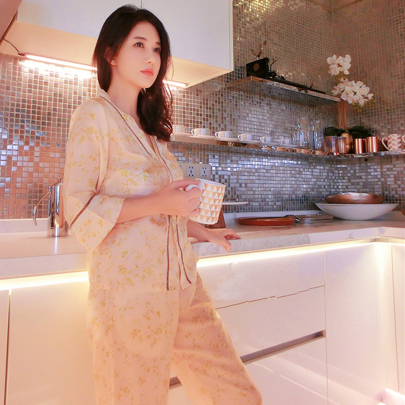 刘美人刘钰懿真丝印花睡衣女九分袖套装睡裤丝绸家居服两件套睡衣