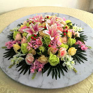 圆桌中间摆花仿真花假花酒店餐桌装饰花绢花饭店转盘摆放花艺夕花