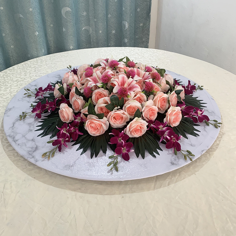 大圆桌摆花高端酒店餐桌摆花装饰花艺圆桌转盘装饰仿真花饭店用花