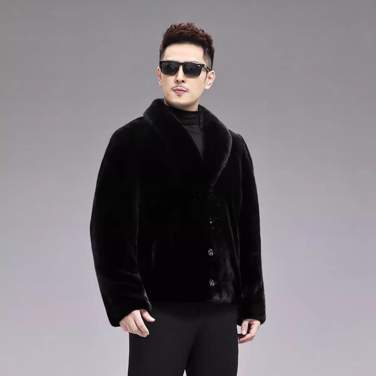 青果领仿水貂毛外套本黑皮草